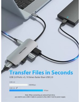 Vention докинг станция Docking Station Type-C - TOJHB - HDMI x 1, USB3.0 x 3, USB-C PD100W x 1, SD/TF