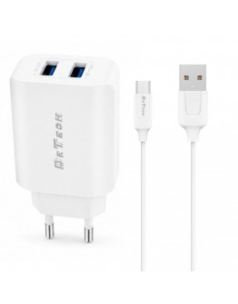 Мрежово зарядно устройство DeTech DE-58C, 5V/2.4A, 220V, 2 x USB, с Type-C кабел, 1.0m, Бял - 40539