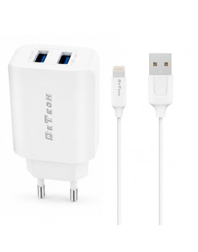 Мрежово зарядно устройство DeTech DE-58i, 5V/2.4A, 220V, 2 x USB, С кабел Lightning, 1.0m, Бял - 40540