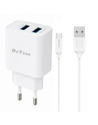 Мрежово зарядно устройство DeTech DE-59C, 5V/2.4A, 220V, 2 x USB, с Type-C кабел, 1.0m, Бял - 40542