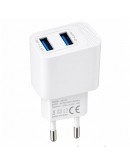 Мрежово зарядно устройство DeTech DE-59C, 5V/2.4A, 220V, 2 x USB, с Type-C кабел, 1.0m, Бял - 40542