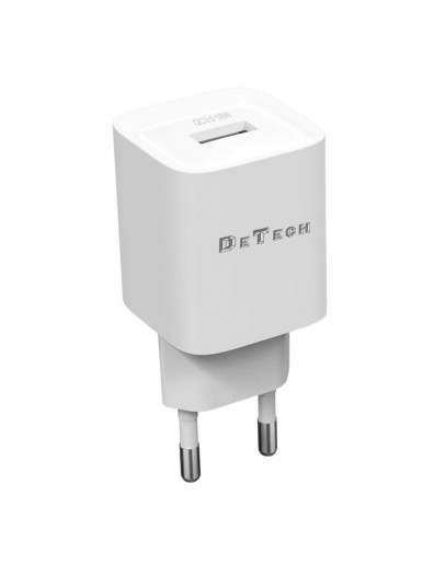 Мрежово зарядно устройство DeTech DE-62, 18W, 1 x USB F, QC, Бял - 40547