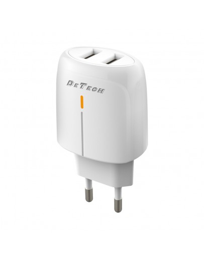 Мрежово зарядно устройство DeTech, DE-63, 5V/2.4A 220V, 2 x USB, Бял - 40549