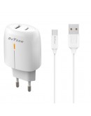 Мрежово зарядно устройство DeTech DE-63C, 5V/2.4A, 220V, 2 x USB, С Type-C кабел, 1.0m, Бял - 40550
