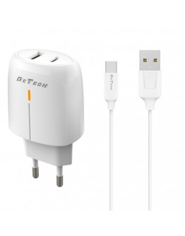 Мрежово зарядно устройство DeTech DE-63C, 5V/2.4A, 220V, 2 x USB, С Type-C кабел, 1.0m, Бял - 40550