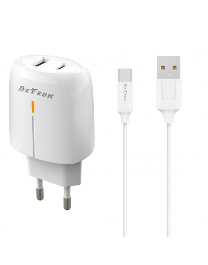 Мрежово зарядно устройство DeTech DE-63C, 5V/2.4A, 220V, 2 x USB, С Type-C кабел, 1.0m, Бял - 40550