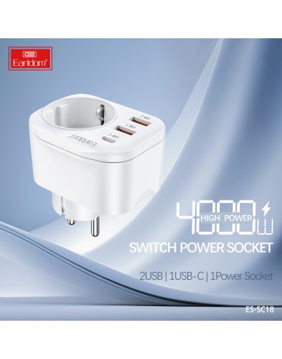 Универсален преходник - зарядно Earldom ES-SC18, 2xUSB, 1xType-C, Шуко, Бял - 40524