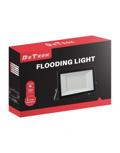 LED прожектор DeTech, 100W, 6500K, IP65, Черен - 77029