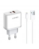 Мрежово зарядно устройство LDNIO A2526C, 45W, 1 x Type-C F, 1 x USB F, PD, QC, PPS, С Lightning кабел , Бял - 40285