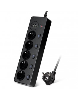 Удължител No brand, 4 гнезда, 250V, 10A, Кабел, 1.8м., 2 x USB-F, 2 x USB-C, С ключ, Бял - 17965