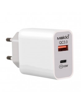 Makki бързо зарядно Fast Charger Wall - QC3.0 + Power Distribution Type-C 18W White - MAKKI-PQ18W-WH