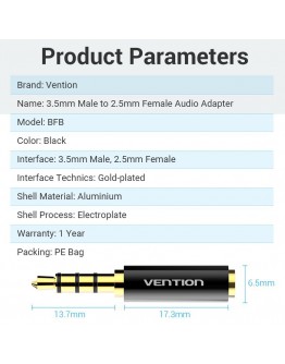 Vention адаптер Adapter Audio 3.5mm M / 2.5mm F  Black Metal - BFBB0