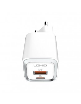 Мрежово зарядно устройство LDNIO A2318M, MFi, 20W, 1 x Type-C F, 1 x USB F, PD, QC, С Кабел Type-C към Lightning, Бял - 40281