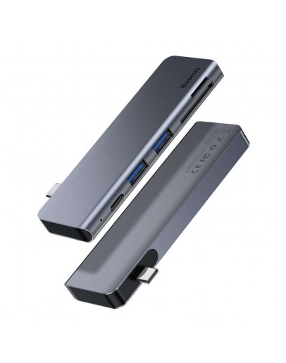 USB хъб Baseus Harmonica, 5 Порта, Type-C към 2xUSB 3.0, PD, TF, Micro SD, Сив - 12078