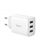 Мрежово зарядно устройство Baseus Compact 3U, 17W, 3 x USB F, Бял - 40412