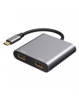 Преходник DeTech,  2в1, USB-C –2хHDMI, 4K, 30Hz, Сив - 17846