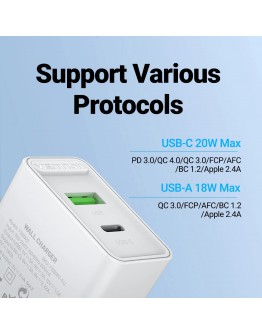 Vention бързо зарядно Fast Charger Wall - QC4.0, PD Type-C + QC3.0 USB A, 20W White - FBBW0