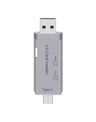 Четец за карти DeTech, USB Type-C - USB 3.0 OTG, SD, TF, сребрист - 17854