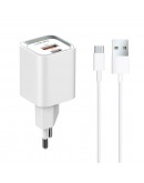 Мрежово зарядно устройство LDNIO A2318C, 20W, 1 x Type-C F, 1 x USB F, PD, QC, С Type-C кабел, Бял - 40291