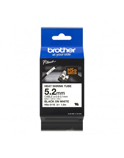 Brother HSe-211E 5.2mm Black on White Heat Shrink 