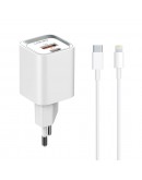 Мрежово зарядно устройство LDNIO A2318C, 20W, 1 x Type-C F, 1 x USB F, PD, QC, С Кабел Type-C към Lightning, Бял - 40293