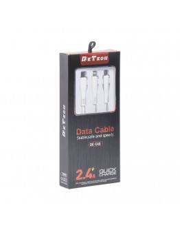 Кабел за зареждане DeTech DE-C40, 3 в 1, Micro USB, Lightning, Type-C, 1.0m, Бял - 40203