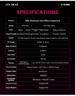ATK професионална геймърска механична клавиатура Professional Gaming Mechanical Keyboard RS6 Ultra - 8K, TTC RGB Magneto Switches [Linear] - White Shadow