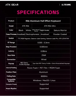 ATK професионална геймърска механична клавиатура Professional Gaming Mechanical Keyboard RS6 - 8K, Gateron Jade Pro Switches [Linear] - White
