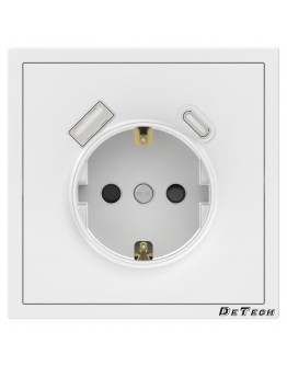 Единичен електрически контакт DeTech DE-9227-80, 1xUSB-А, 1xUSB-C, Шуко, За вграждане, 16А, 250V, IP20, Бял - 75115